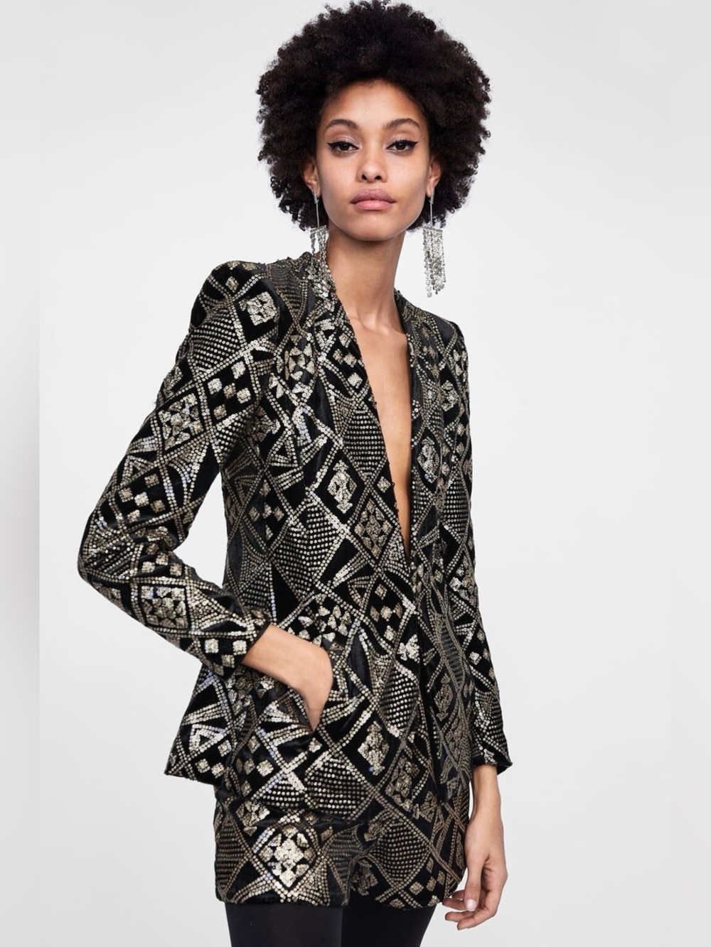 Zara Basic Geometric Sequin Blazer Black Gold Silver S